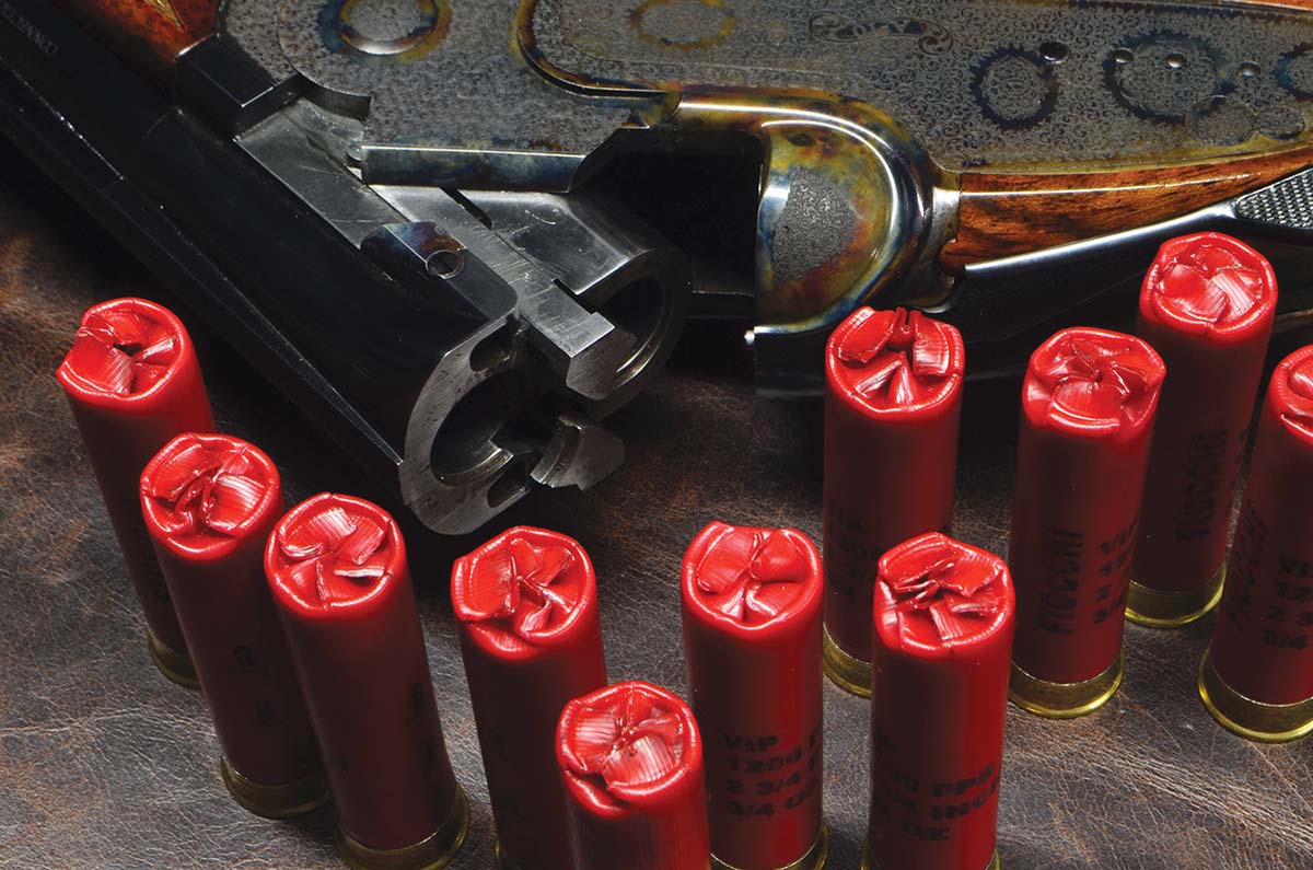 Some seriously ugly crimps on 28-gauge target loads. However, when the clays flew, they somehow managed to do the job. Strange, that. (The gun is an A-10 American from Tony Galazan’s Connecticut Shotgun Manufacturing Company.
